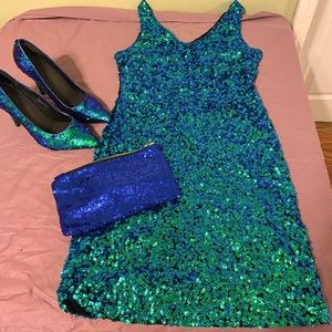 Sequin outfit! Lot dress heels mermaid clutch